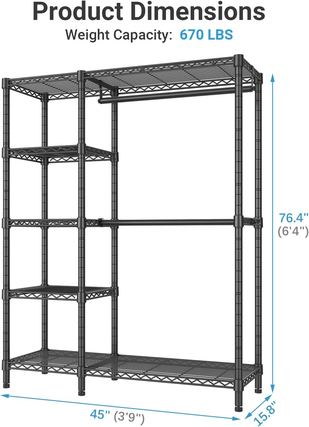 VIPEK V7 Garment Rack for Hanging Clothes Heavy Duty Clothes Rack with Shelves, Portable Closet Racks Metal Clothing Racks 5 Tiers Freestanding Closet Wardrobe System, Max Load 670lbs, Black