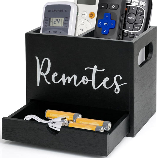 Remote Control Holder, Wooden TV Controller Holder, Desk Organizer with 2 Compartment and Drawers for TV & Office Supplies, Ideal for Tabletop (Black)