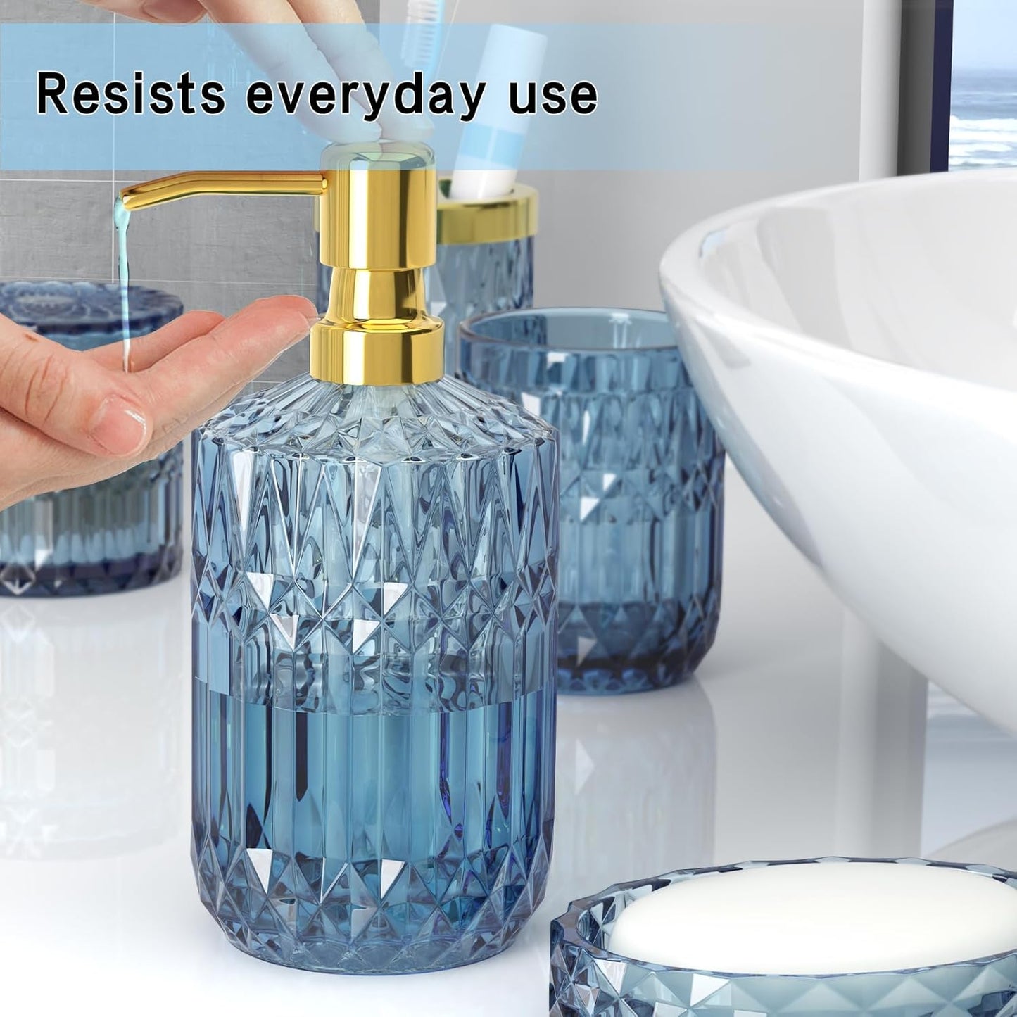 Blue Bathroom Accessories 5 Pcs, Glass Bathroom Accessory Set, Vintage Blue Bathroom Set, Soap Dispenser and Toothbrush Holder Set, Qtip Holder, Bathroom Sets Complete, Modern Bathroom Decor