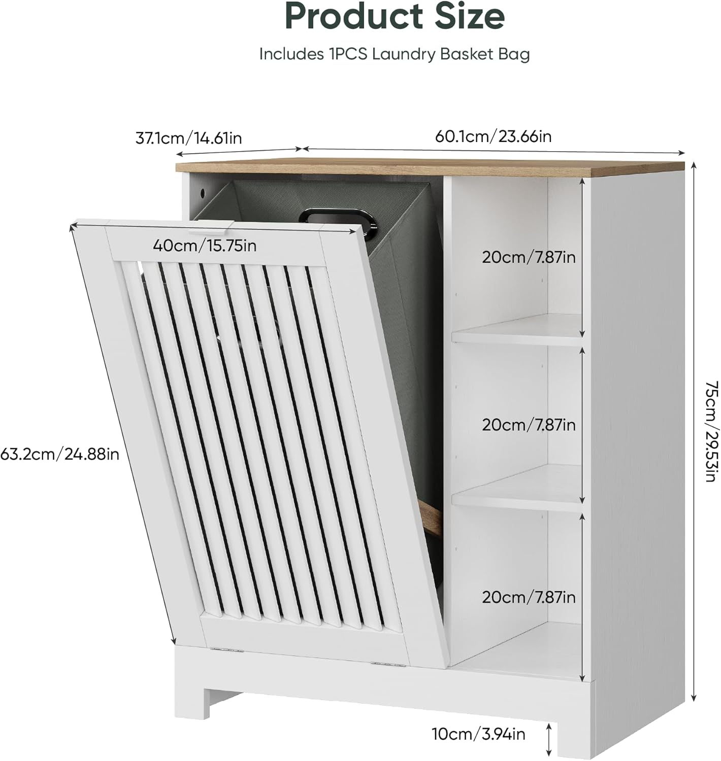 Tilt Out Laundry Hamper Cabinet with Louvered Door, Canvas Basket and 3 Open Side Shelves, Hidden Trash Can Cabinet, Ideal for Laundry, Kitchen, Bathroom, White