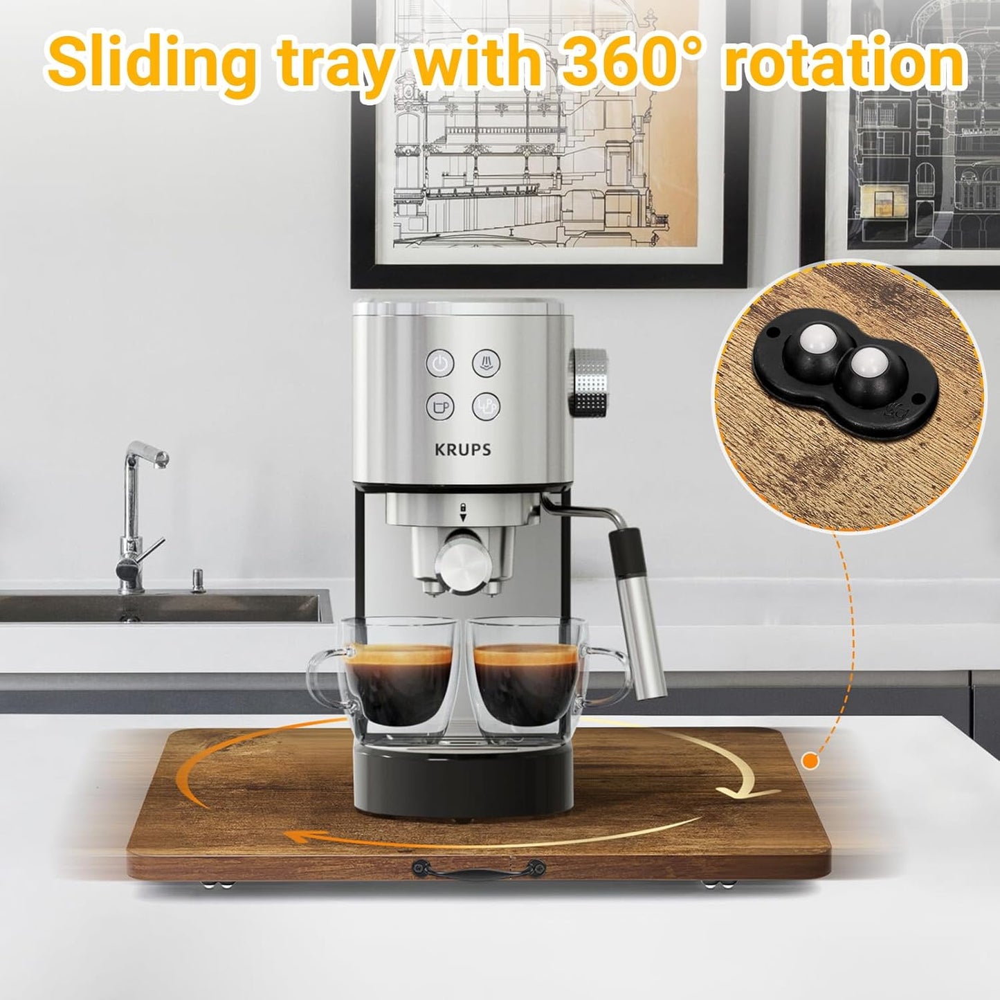 Sliding Tray for Coffee Maker, 360° Rotating Appliance Slider for Kitchen Appliances, Wooden Sliding Tray Suitable for Kitchen Countertops and Kitchen Appliances(Brown, Small)