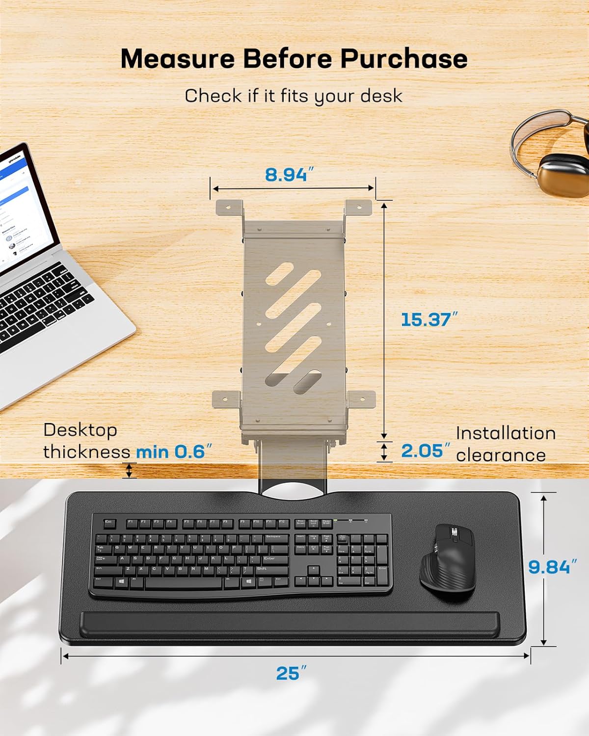 HUANUO Keyboard Tray Under Desk, Adjustable Ergonomic Keyboard & Mouse Tray, Flat Bottom Or Cross Beam Installation, Smooth Sliding Keyboard Holder for Typing in Home Office, Easy Setup, 25″W x 9.84″D