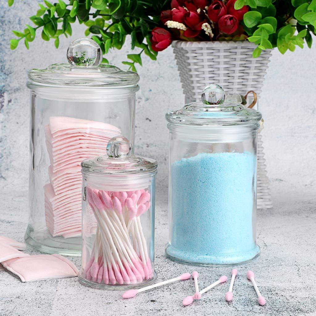 MDLUU Glass Canisters, Apothecary Jars with Airtight Lids, Bathroom Vanity Storage Organizer Containers for Qtip Cotton Swabs, Cotton Balls, Flossers, Bath Salt, Hair Tie, Set of 3
