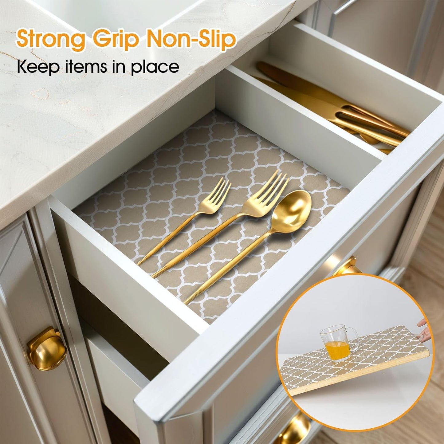 Shelf and Drawer Liner for Kitchen Cabinets Non-Adhesive, Strong Grip Non-Slip Thickened Cabinet Liners for Shelves, Waterproof Mats for Dresser Cupboard, Beige, 17 in x 30 Feet