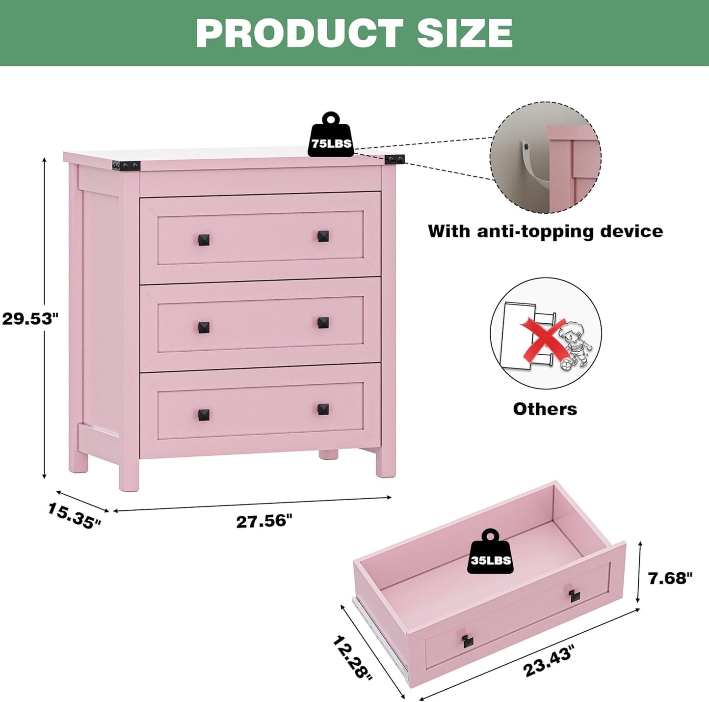 Dresser for Bedroom with 3 Drawers, Small Chests of Drawers, 27.55" Wide Farmhouse Wood Nightstand Bedside Cabinet End Table, Modern Closet Storage Organizer for Living Room, Entryway, Hallway, Pink