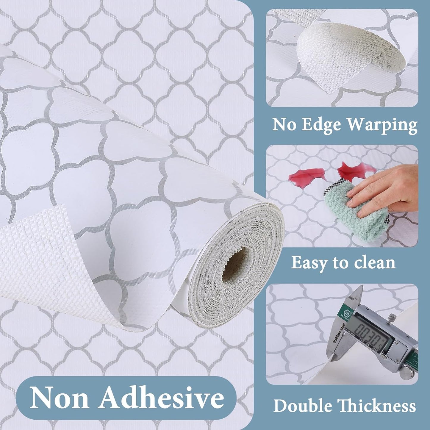 Shelf Drawer Liners for Kitchen Cabinets Non Adhesive Drawer Liner Thickened Refrigerator Liner Silver Quatrefoil Strong Non-Slip Paper for Tool Box with Knife and Tape Measure,17.3 x 236.2 Inches