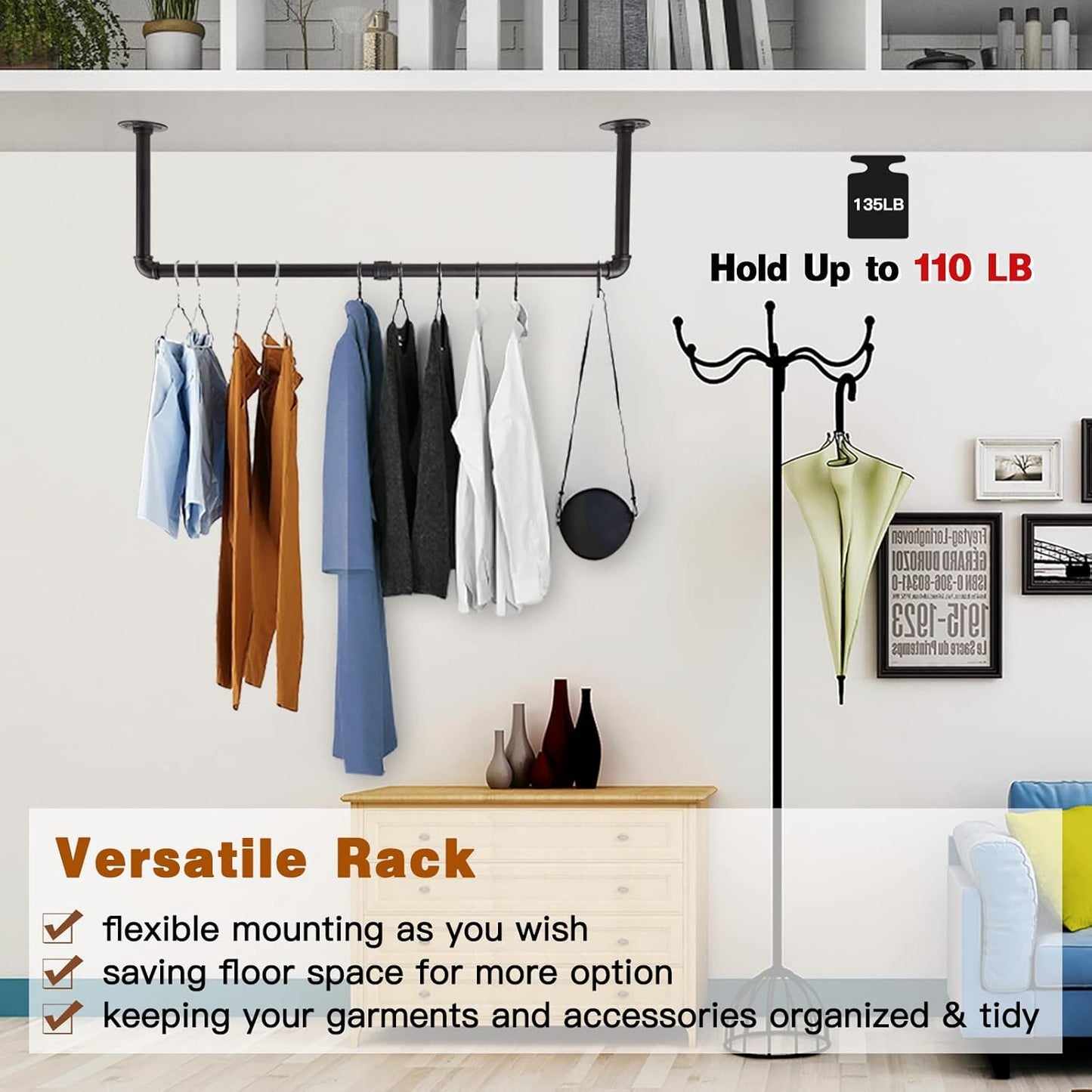 Wall Mounted Clothes Rack - 48" Clothing Garment Rack, Space-Saving Heavy Duty Detachable Iron Clothes Hanger Pole, Multi-Purpose Hanging Rod for Closet Storage