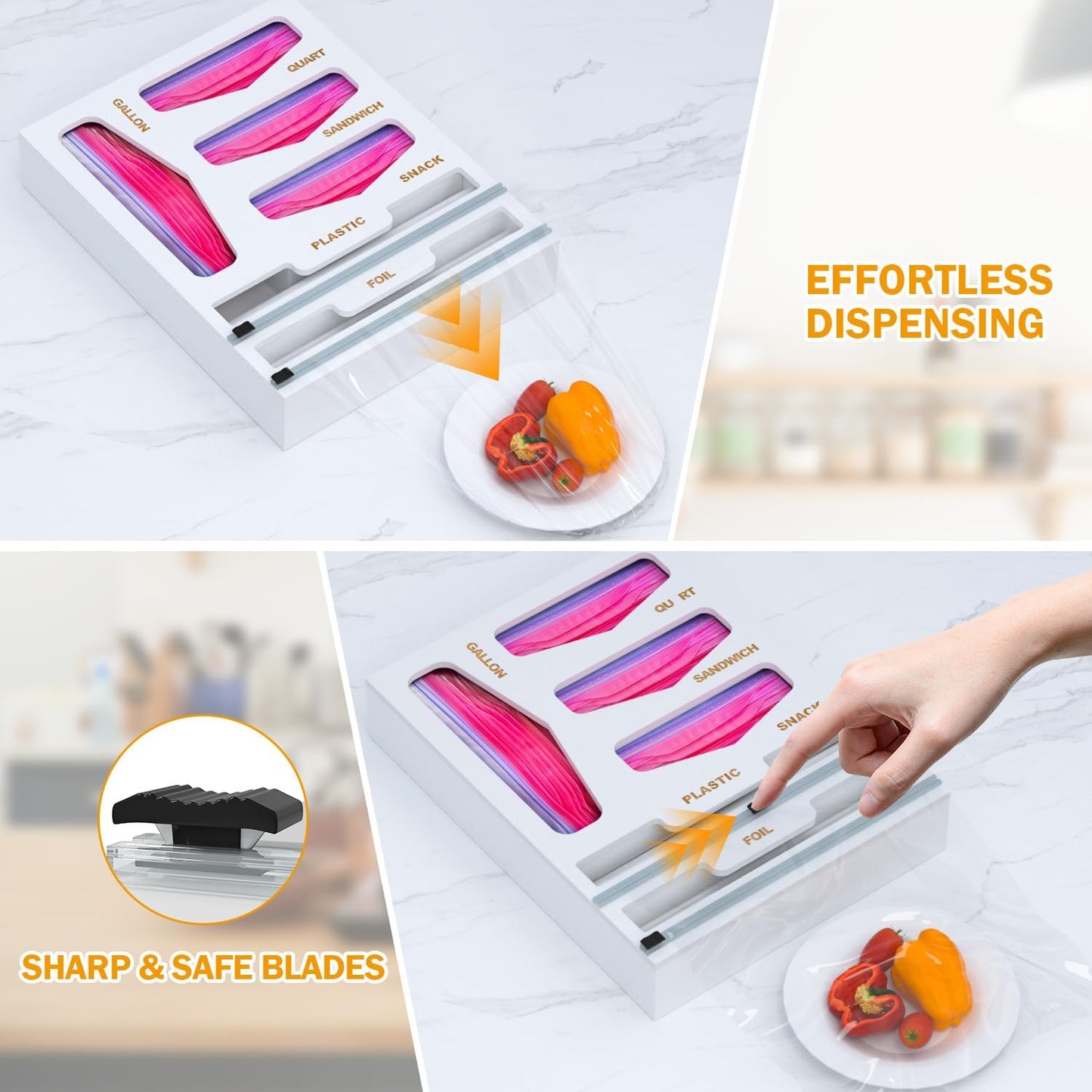 DALSHABET Bamboo Bag Organizer with Magnetic Closure, 6 In 1 Kitchen Drawer Foil and Plastic Wrap Dispenser with Cutter, Storage bag for Gallon, Quart, Sandwich, Snack White