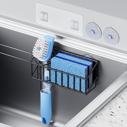 Kitchen Sink Organizer, Strong Adhesive Mount Detachable Sponge Holder for Kitchen & Bathroom Sink with Extra Suction Cups, Holds Sponges, Dish Brushes, Scrubbing Pads