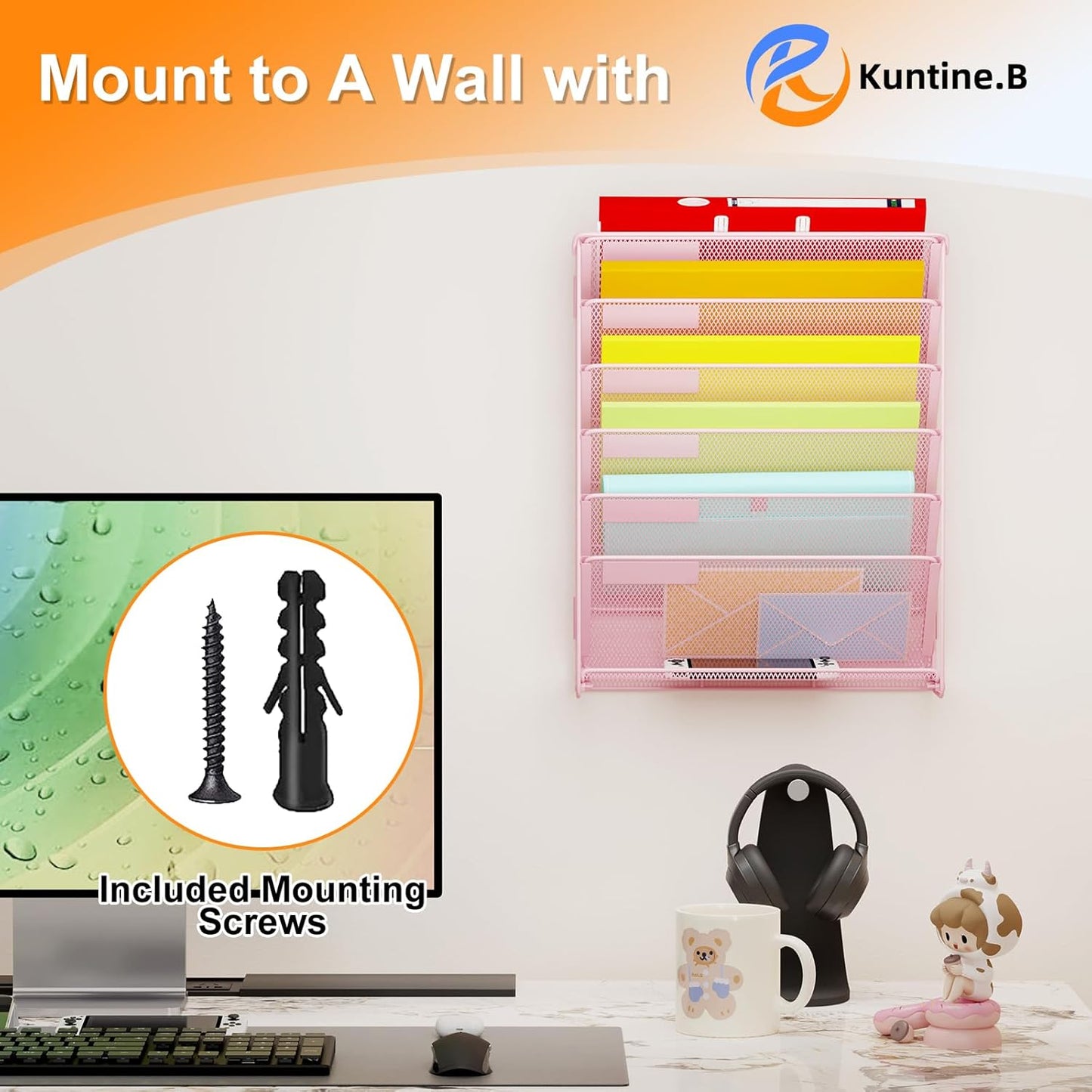 Kuntine.B Wall File Organizer Hanging Magazine Holder (Pink, 7 Tier)