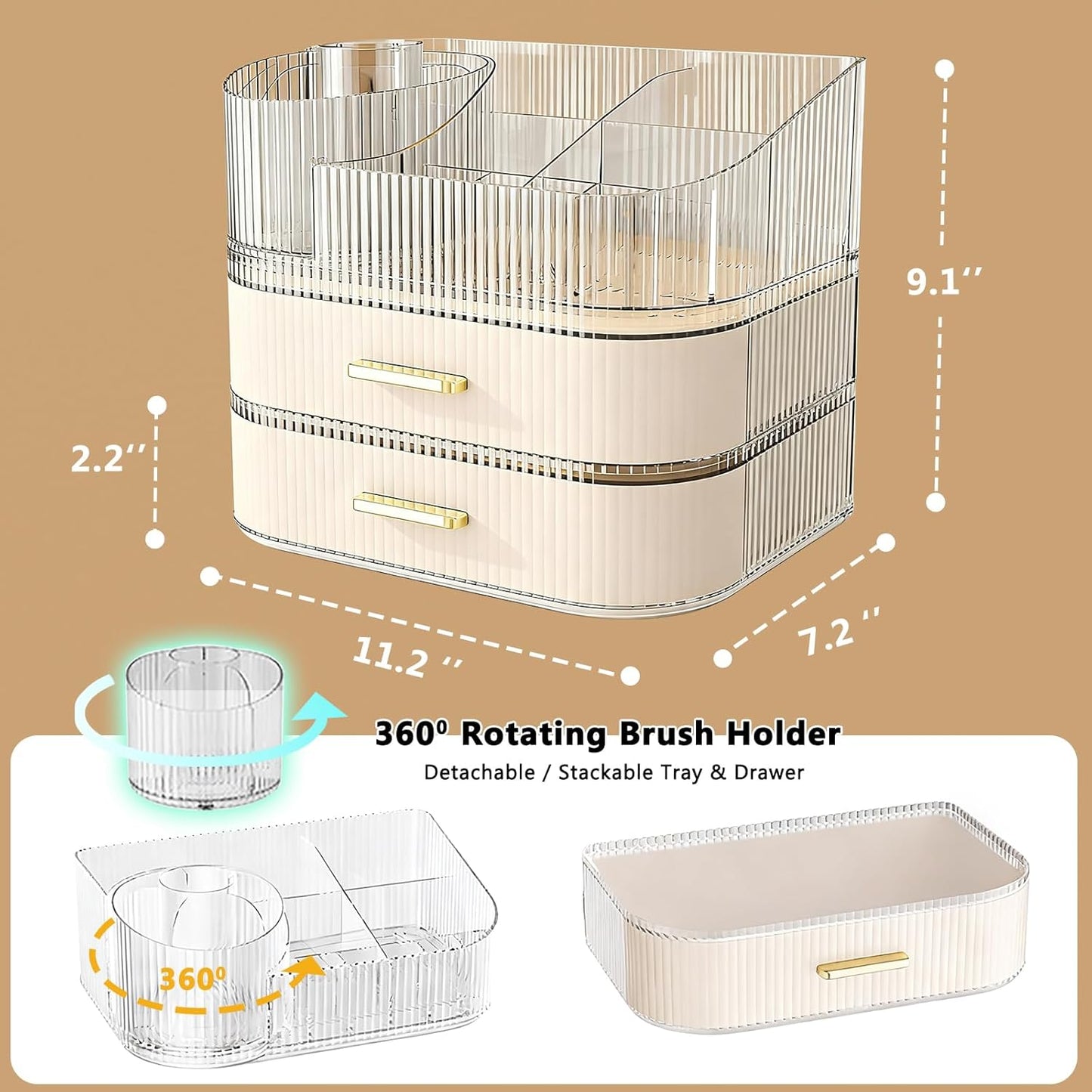 Makeup Organizer for Vanity with Stackable Drawers, 360 Rotating Makeup Brush Holder Large Cosmetic Display Case for Dresser, Bathroom Countertop Skincare Organizers and Storage (3-layer)