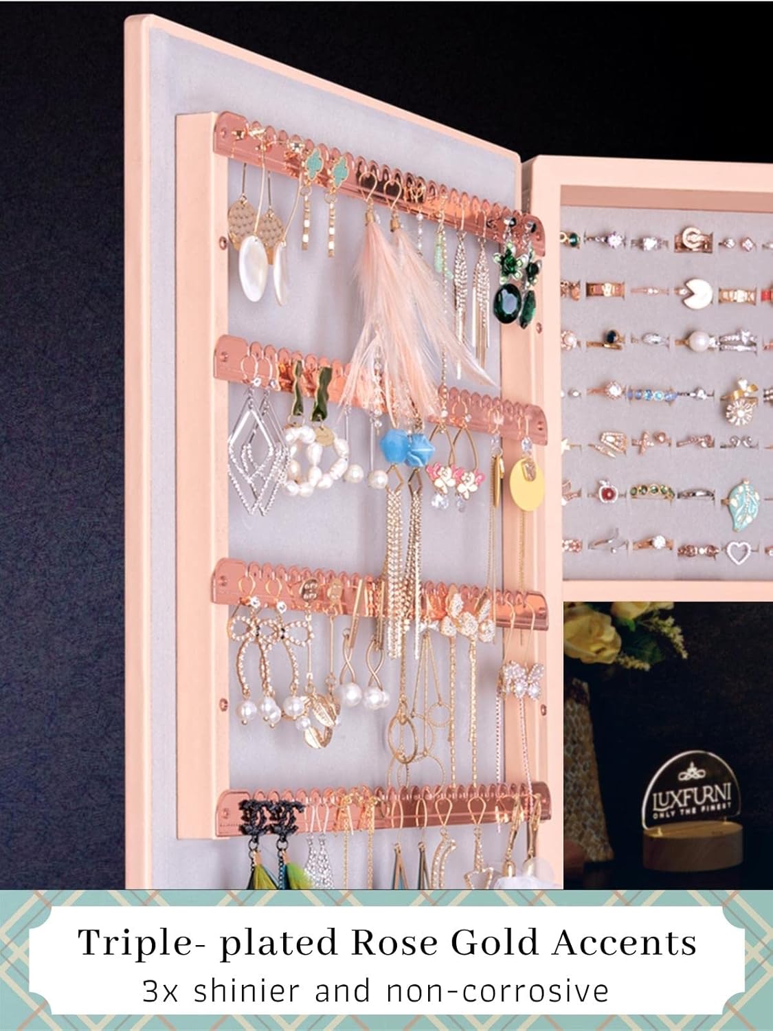 LUXFURNI Jewelry Armoire Organizer, Wall/Door Mounted Cabinet with Full Length Mirror (Peach)