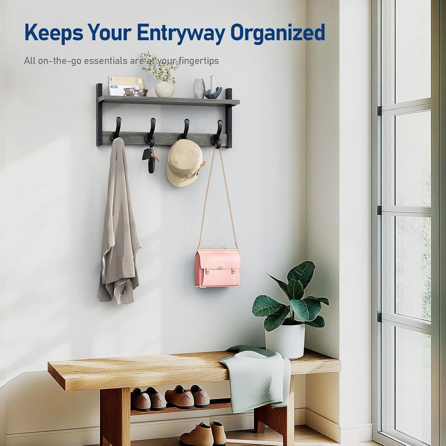 Tatub 20" Rustic Coat Rack Wall Mount with Shelf, Wall Hooks with Shelf, Heavy Duty Entryway Organizer Hangers for Hanging, Hat, Bag, Jacket for Bathroom, Living Room, Bedroom, Gray