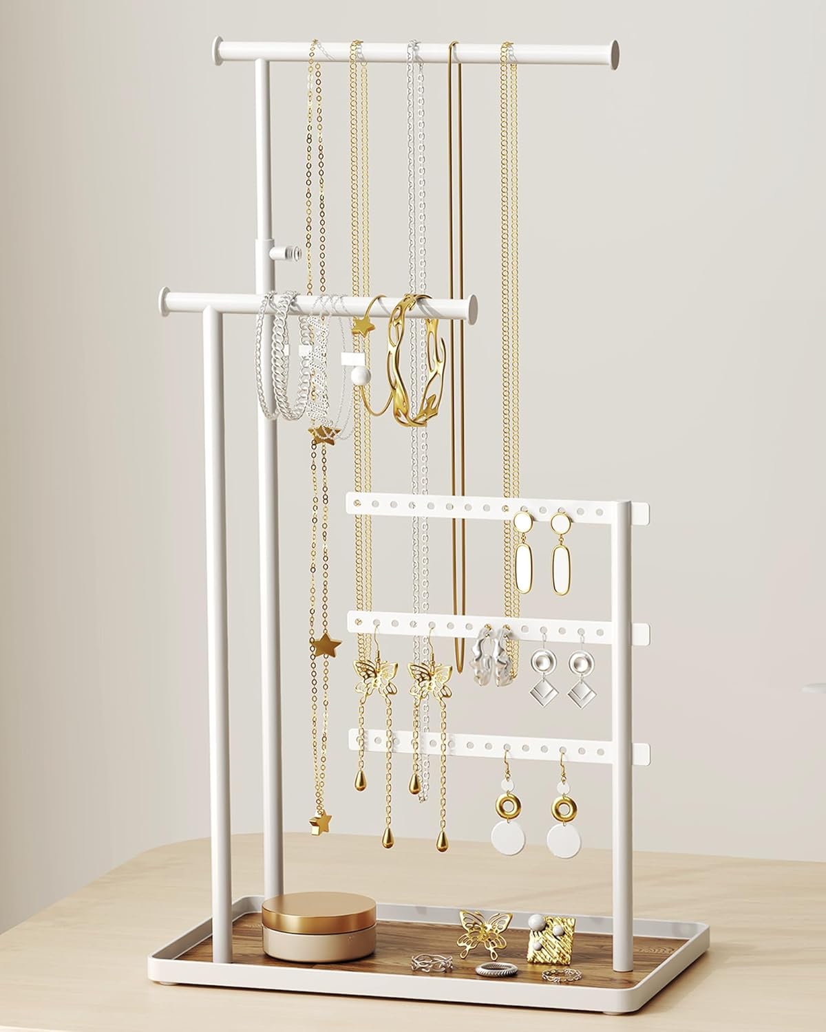 Jewelry Holder Organizer Stand - Adjustable Tall 17.5" (Max), Sturdy Jewelry Hanger for Necklaces, Earrings, Bracelets, Rings, Jewlery Display and Storage, White, Metal