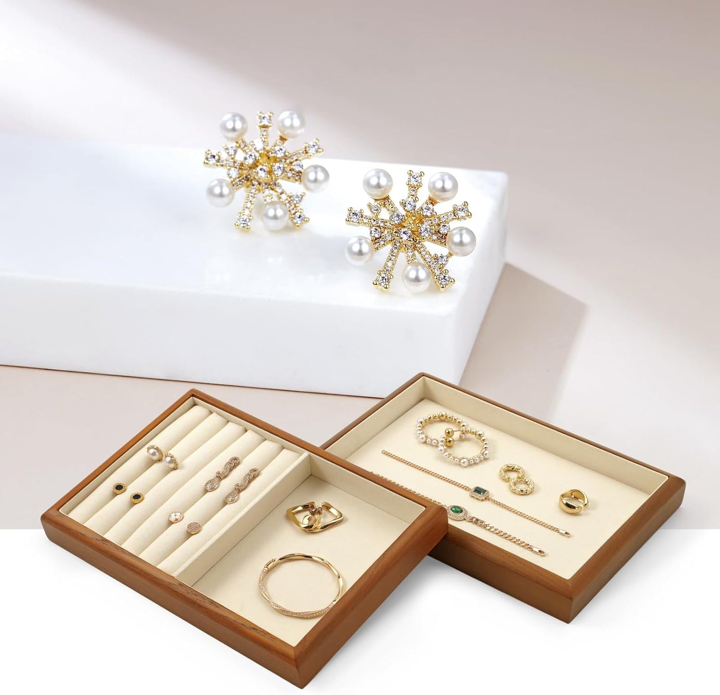Oirlv Solid Wood 11 Slots Ring Tray Jewelry Organizer Tray Jewelry Drawer Organizer(Creamy-white)