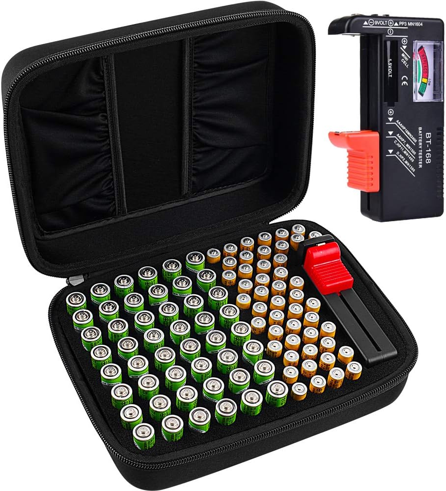 Comecase Battery Organizer Storage Box Case Holder for 48 x AA, 48 x AAA Total 96 Batteries with Battery Tester, Extra 2 Pockets for Other Accessories