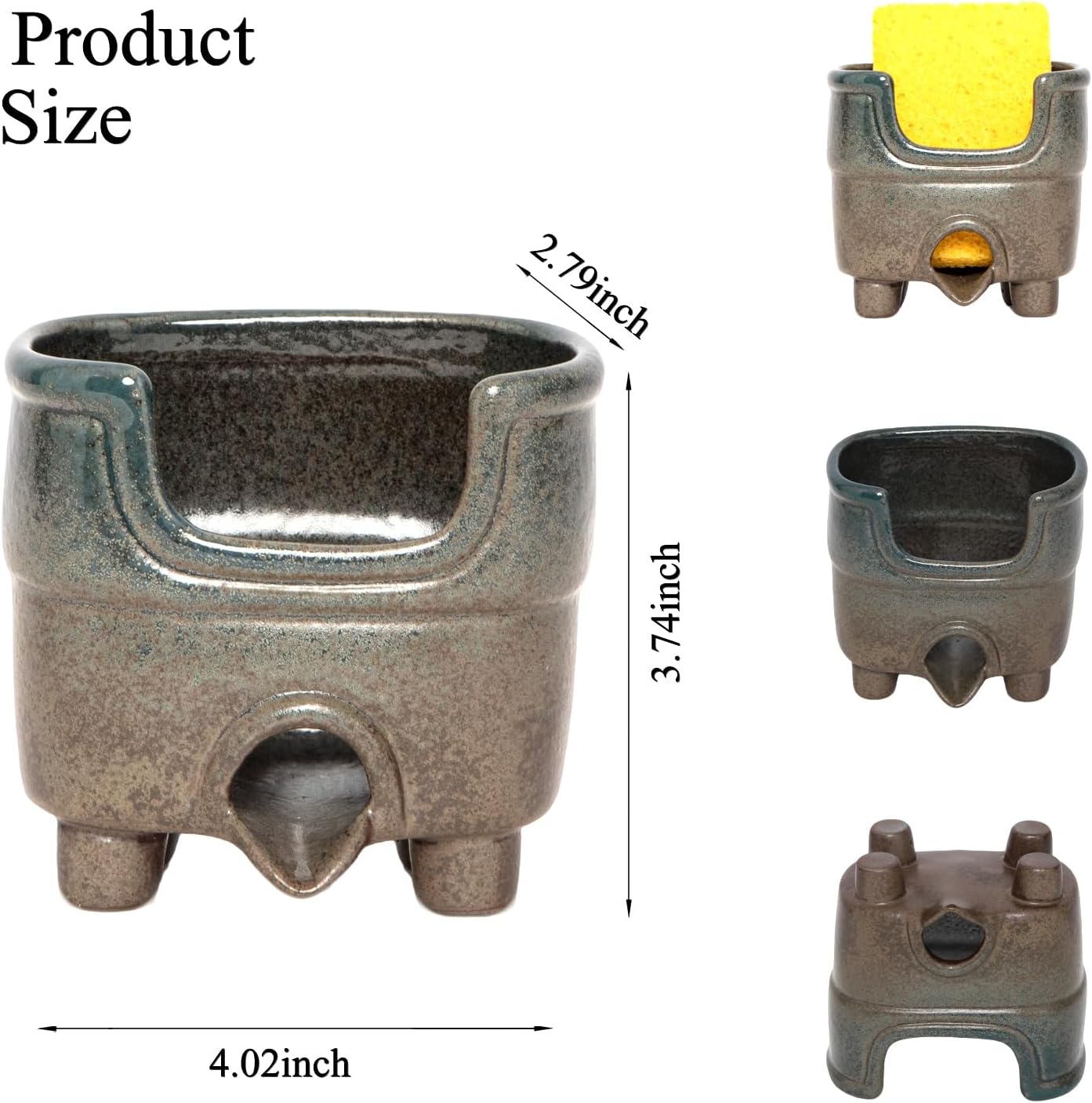 Ceramic Sponge Holder with Drainage, Farmhouse Sink Caddy Organizer, Self Draining Design for Sponges,Soap,Brushes, Compact Rustic Kitchen Accessory, Keeps Counter Dry（Country Blue）