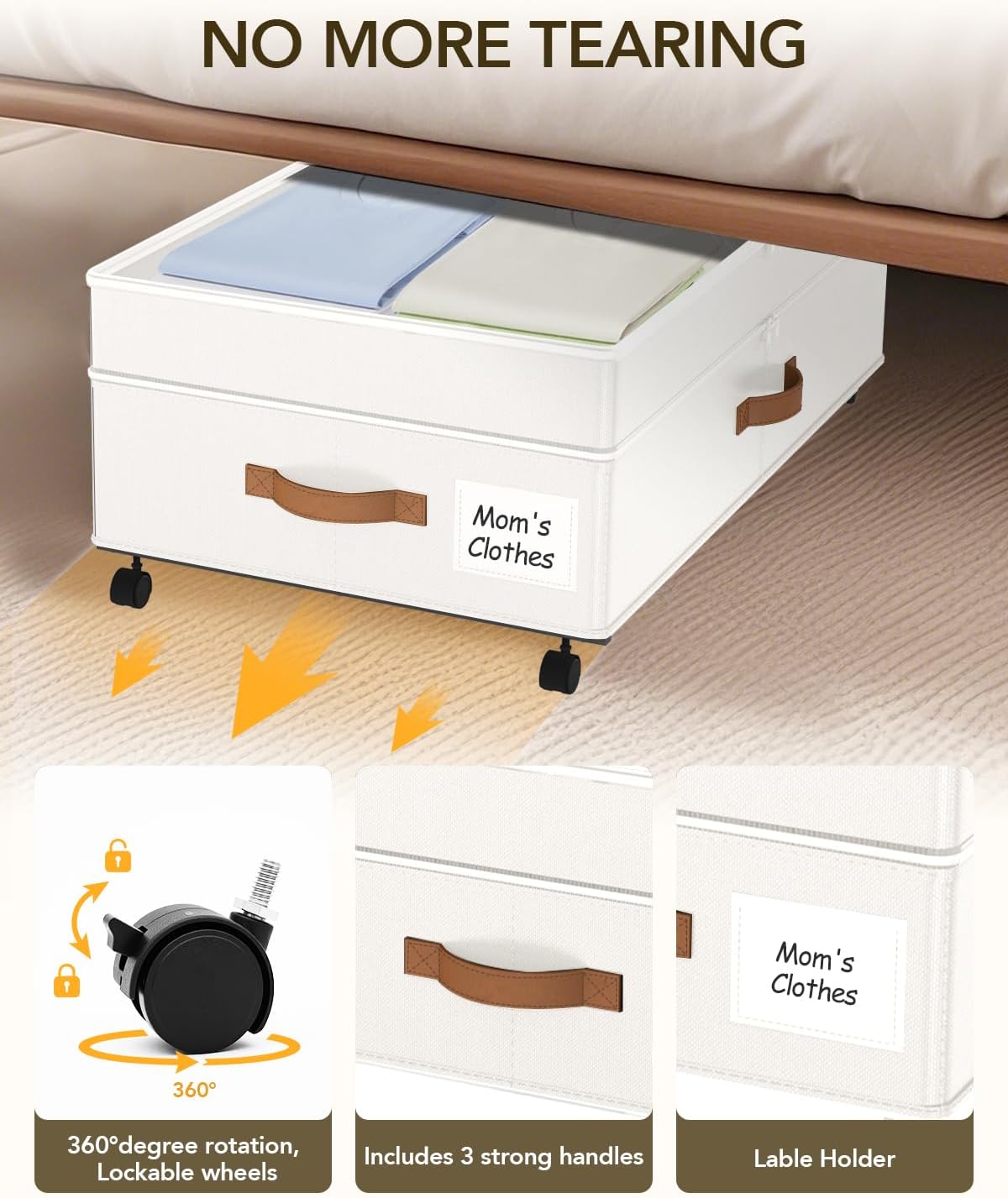 Under Bed Storage with Wheels, 10 inches Under Bed Storage Containers, 65L XXL Large Adjustable Underbed with Lids, Rolling Underbed Storage bins for Shoes, Clothes, Blankets, White