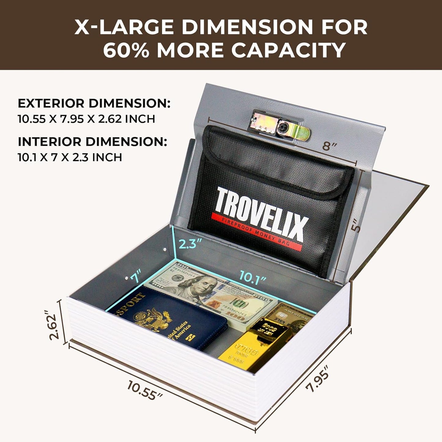 Diversion Safe Book Safe with Combination Lock, Hidden Safe (10.55 x 7.95 x 2.62 Inch) in Coffee Color, Steel Material, Waterproof and Fireproof with Fireproof Bag