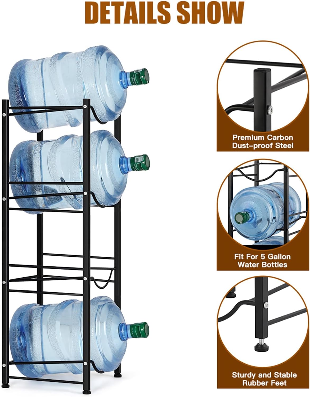 smusei 5 Gallon Water Bottle Holder 4 Tier Water Cooler Jug Stand Storage with 4 Slots for 5 Gal Water Dispenser Black Water Bottle Organizer Rack Metal for Office, Kitchen, Home