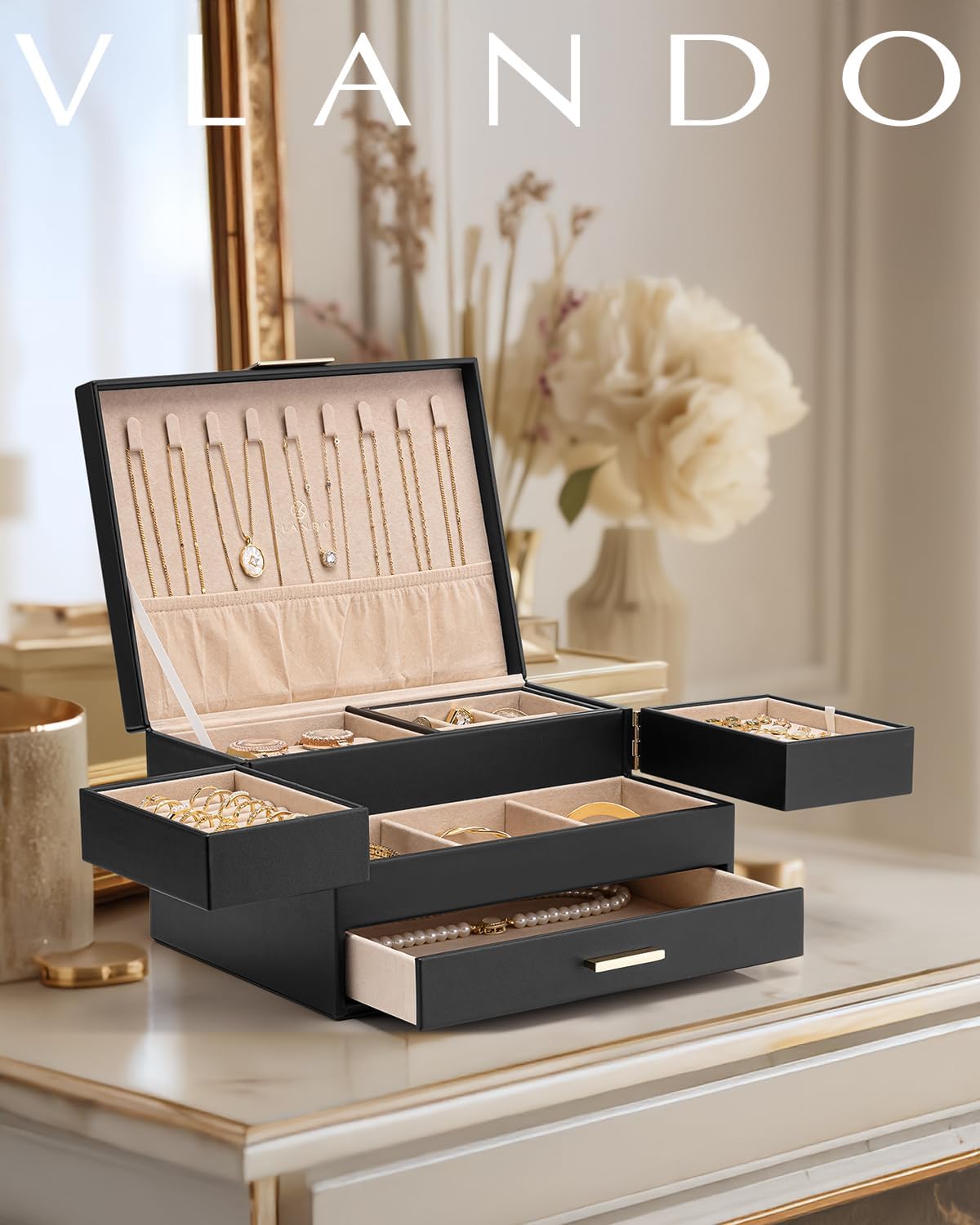 Vlando 3 Layer Jewelry Box - Women Jewelry Box with Retractable Tray - Jewelry Organizers with Drawer for Necklaces, Rings, Bracelets, Earrings, Gift for Couples Mom Girls - Black