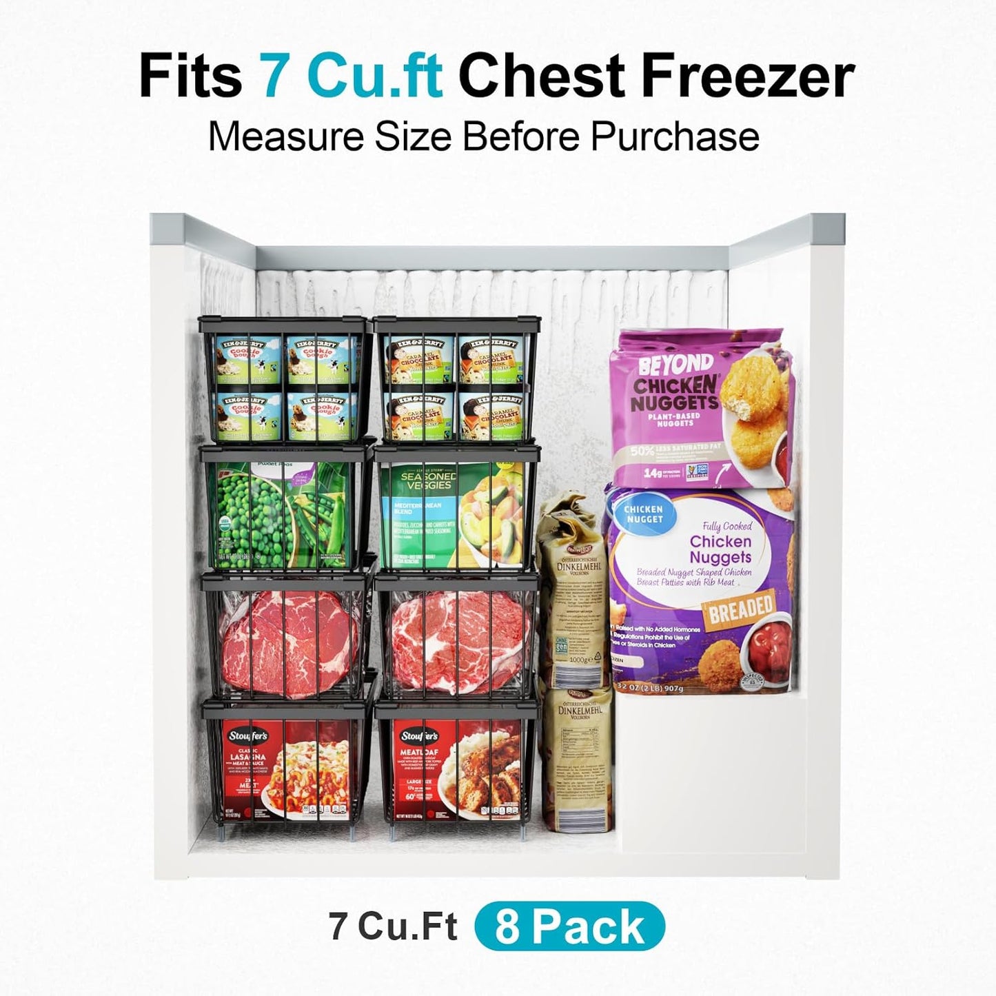 iSPECLE Chest Freezer Basket - 3 Pack Small Stackable Freezer Bins for Most 7 Cu.FT Deep Freezer Sort Frozen Food, Deep Freezer Organizer Bins with Handles Easy to Get Food from Bottom, Black