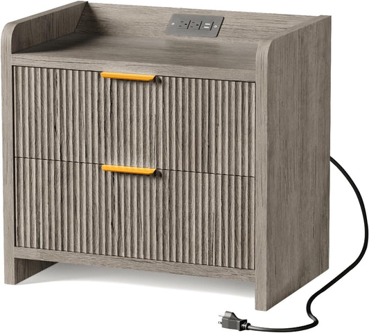 Fluted Nightstand with Charging Station, 23.6" Modern Night Stand with 2 Drawers, Side Table with Storage, Bedside Table for Bedroom, Living Room, Grey