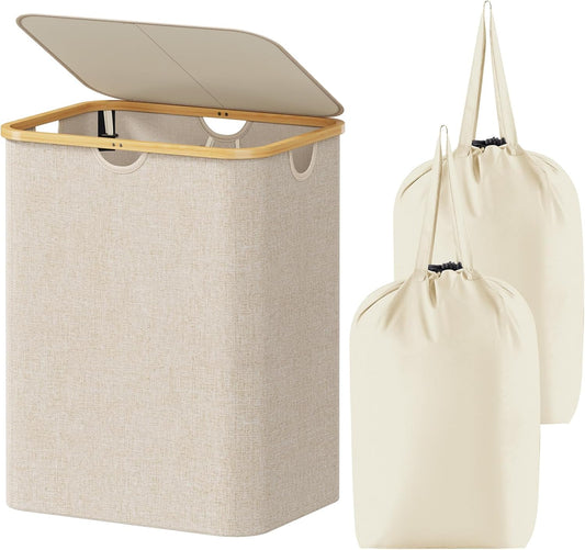 Lifewit 120L Large Laundry Hamper with Lid, Foldable 2 Section Laundry Basket with Bamboo Handles and Removable Bags for Laundry Room, Bathroom, Bedroom, Beige