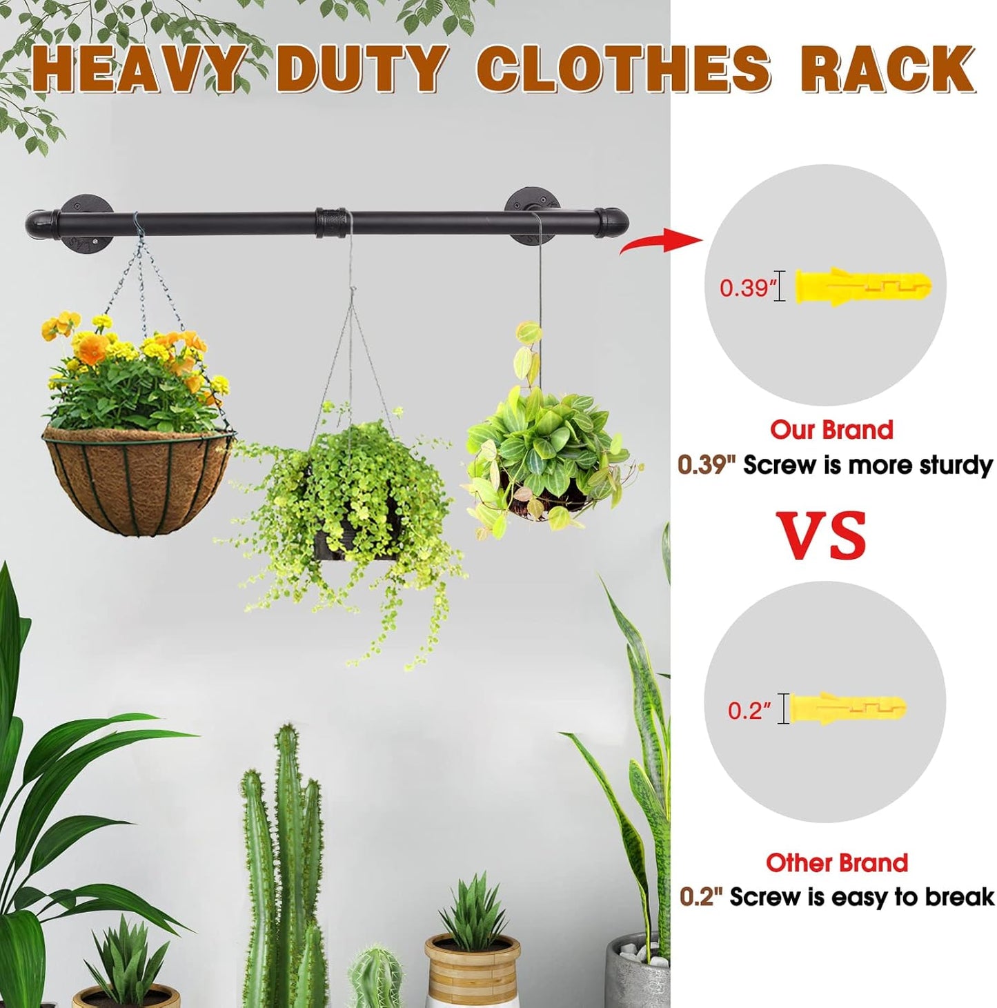 Wall Mounted Clothes Rack - 54"Industrial Pipe Clothing Garment Rack, Space - Saving Heavy Duty Detachable Black Iron Clothes Hanger Pole, Multi-Purpose Hanging Rod for Closet Storage, 2 Base