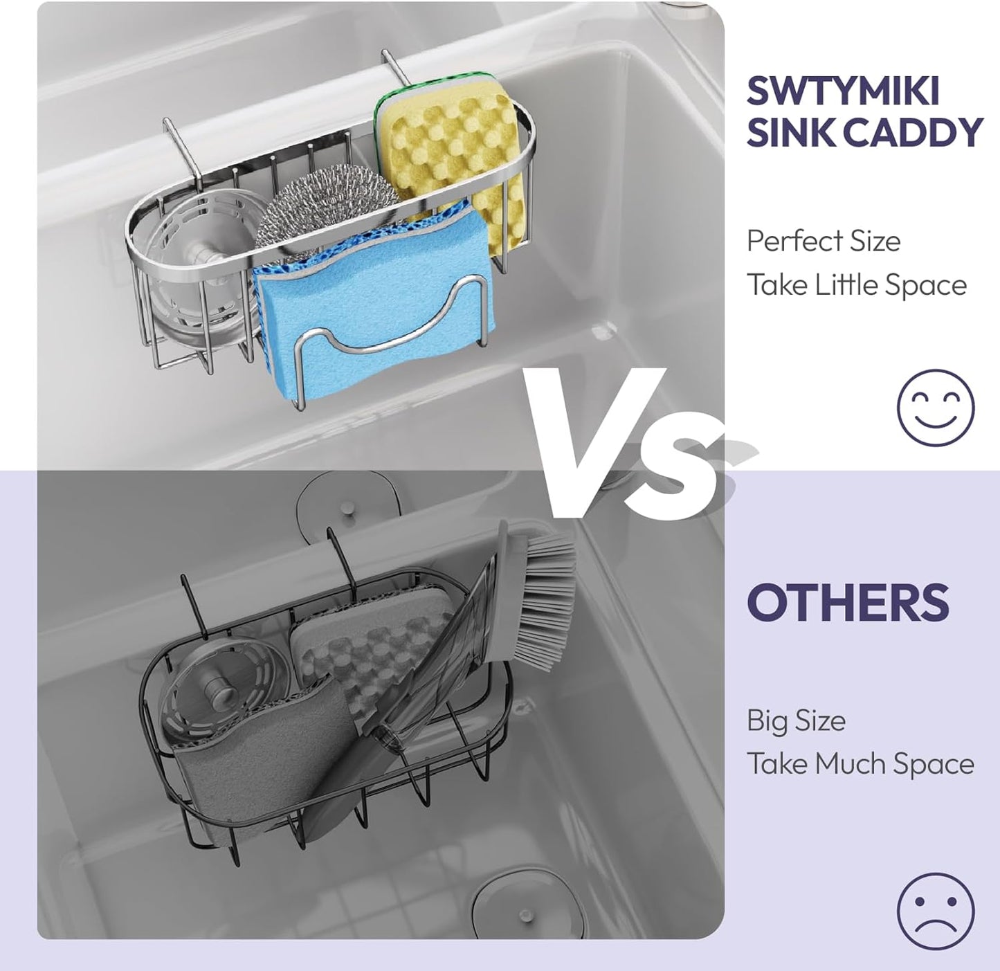 SWTYMIKI Sponge Holder for Kitchen Sink - Movable Kitchen Sink Caddy with M Shape Hook Stainless Steel Hanging Sponges Caddy Organizer in Double Bowl Sinks Depth>3.15in, Middle divider<1.5in, Silver L