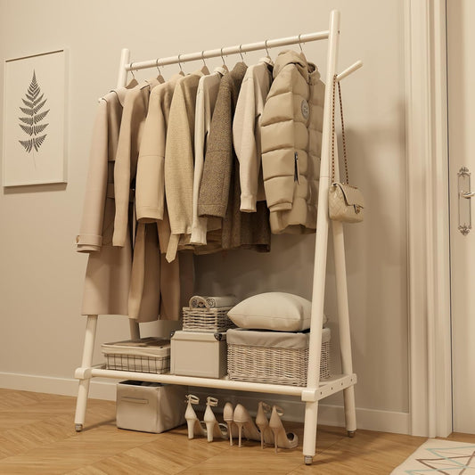 Solid Wood Clothes Rack, Clothing Rack for Hanging Clothes, Hanging Racks for Clothes with Shelves Load 350 Lbs Garment Rack (White)