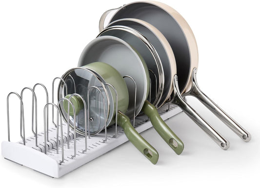 YouCopia StoreMore Expandable Pan and Lid Rack with Steel Wires, 12.5"-22" Wide Adjustable Pan Organizer for Kitchen Cabinet Storage, Premium Edition
