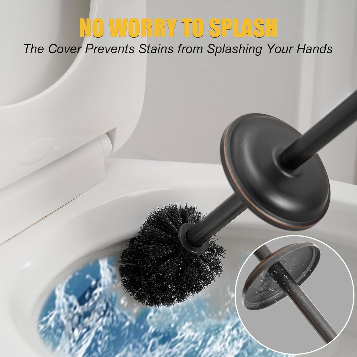 BESy Toilet Brush and Holder, Toilet Cleaner Bowl Set with Two Brush with Extra Long Handle, Durable Bristles Toilet Scrubber and Covered Holder, Drip-Proof Stainless Steel Oil Rubbed Bronze