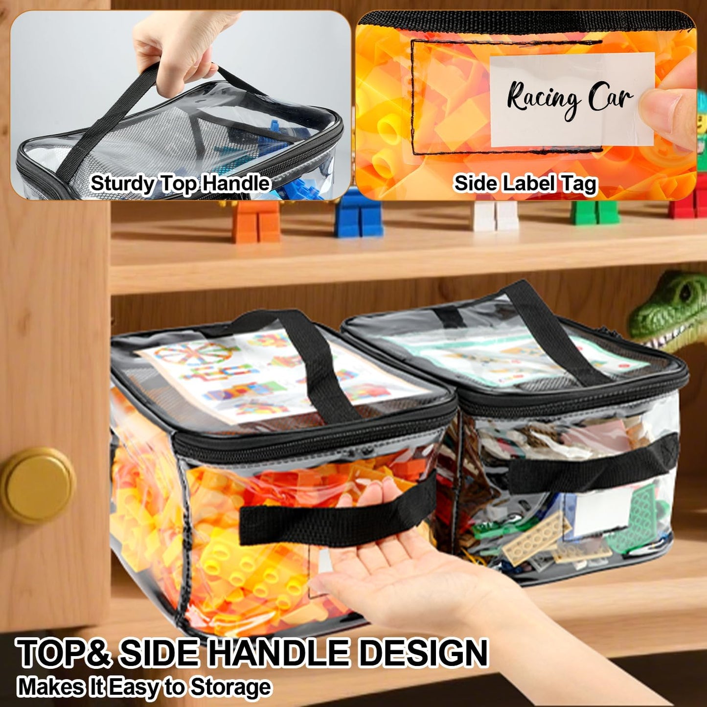 8 Pack Clear Toy Storage Bag with Name Tag& Manual Pocket, Wide-open Transparent PVC Toy Organizer Case with Portable Handle for Lego Bricks, Building Blocks, Board Games& Puzzles (Black)