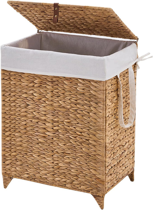 Laundry Hamper with Lid and Removable Liner Bag, Handwoven Natural Hyacinth Clothes Hamper with Heightened Feet, Wicker Laundry Basket for Clothes and Towels，Middle