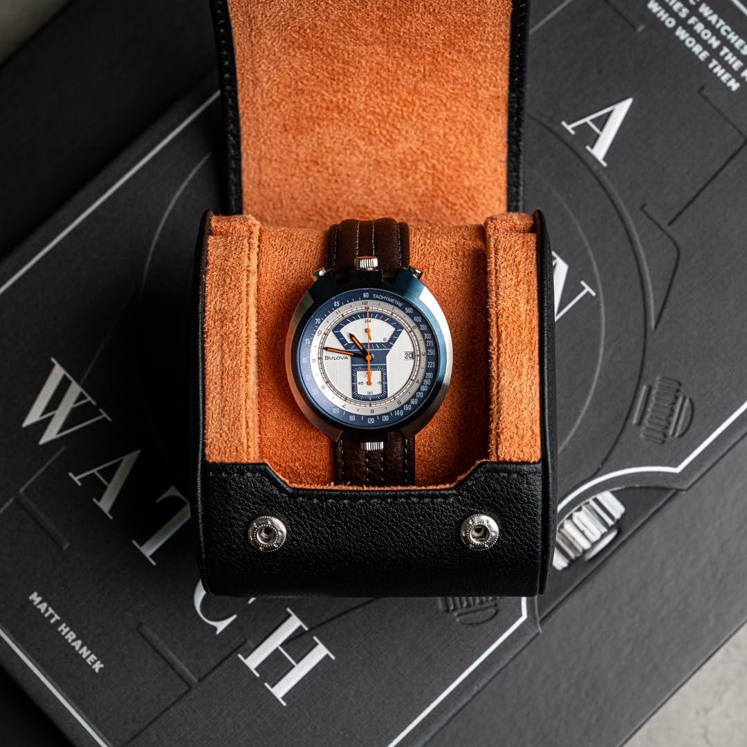 DailyWatch | Personalized Watch Roll Travel Case For 1 Watches - Handmade Genuine Leather Travel Case With Custom Engraving of Name or Initials - Black Orange