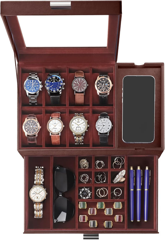 Dajasan Watch Box, Watch Case with Glass Lid, 8 Slot Watch Display Case, Large Watch Holder Organizer, Watch Storage Case for Men Women Boys Husband Dad, Gift Idea, PU Leather (Brown)