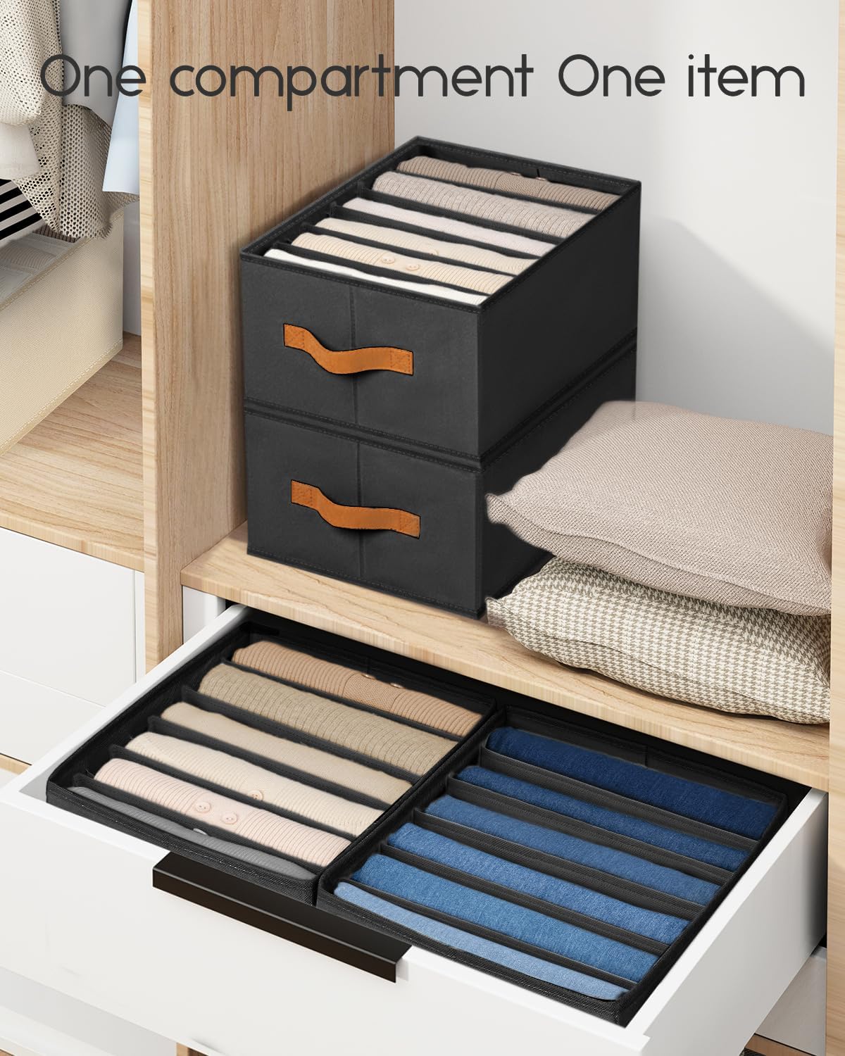 Closet Organizers and Storage - Fabric Clothes Organizer with Handles, Foldable Jeans Organizer for Clothes, Drawer Organizer for Shirts, Bra, Sweater, Scarf, 8 Pack, Black