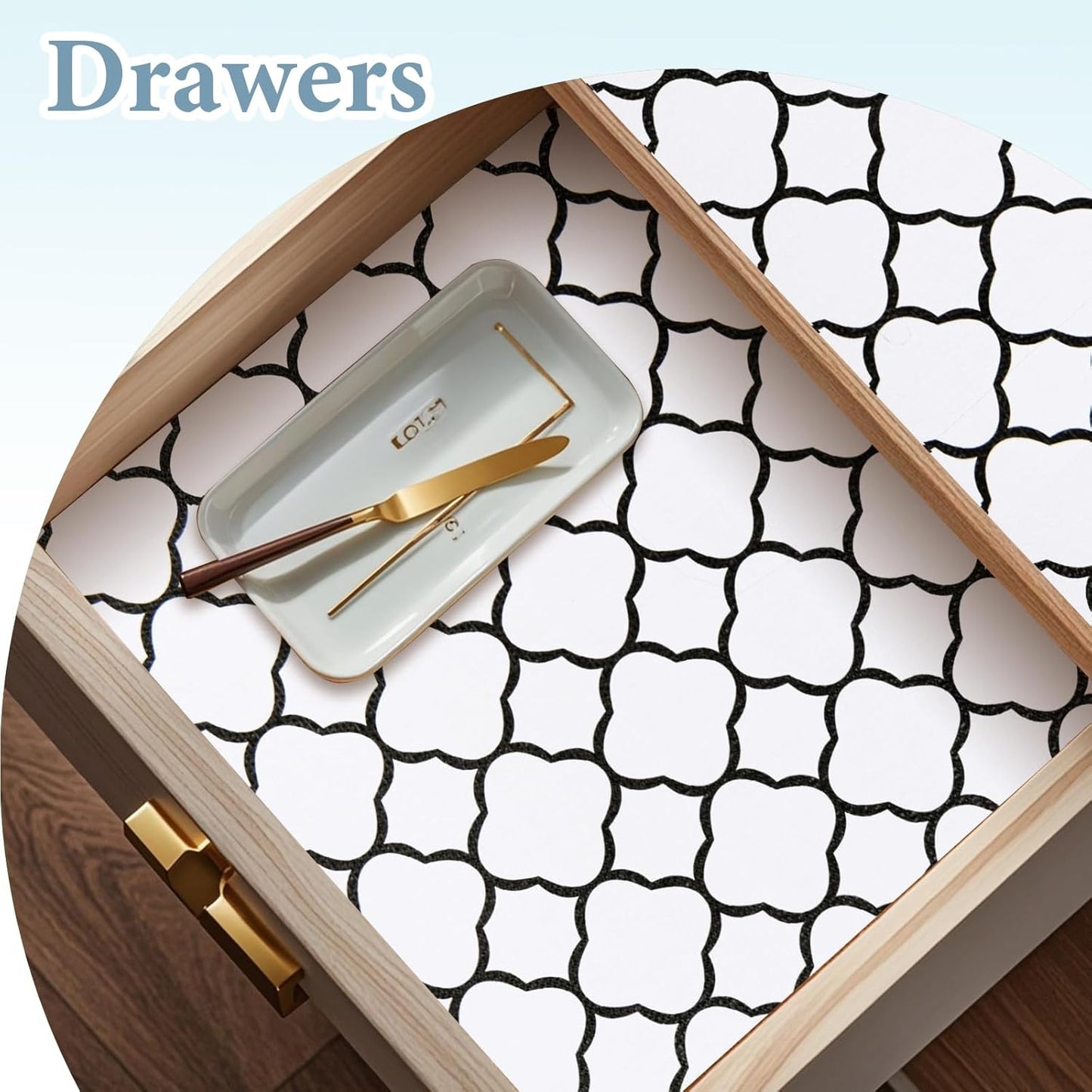 Shelf Drawer Liners for Kitchen Cabinets 11.8 x 118 Inches Non Adhesive Drawer Liner Thickened Refrigerator Liner Black Quatrefoil Strong Non-Slip Paper for Tool Box with Knife and Tape Measure