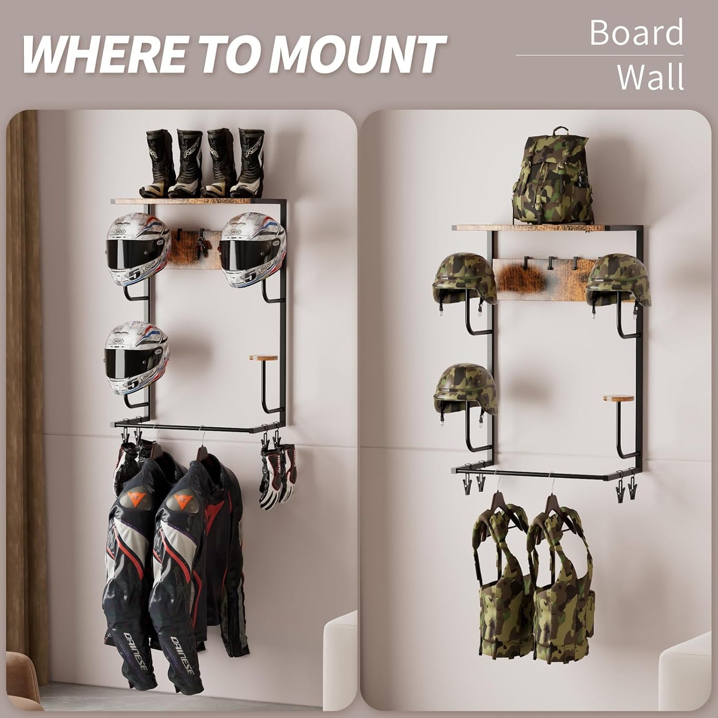 Motorcycle Helmet Holder Wall-Mounted Helmet Rack with 4 Glove Chips& Hooks - Rustic Bike Helmets Storage Organizer, Universal Wall Mount for Helmets, Gear, Clothes, Accessories，Retro