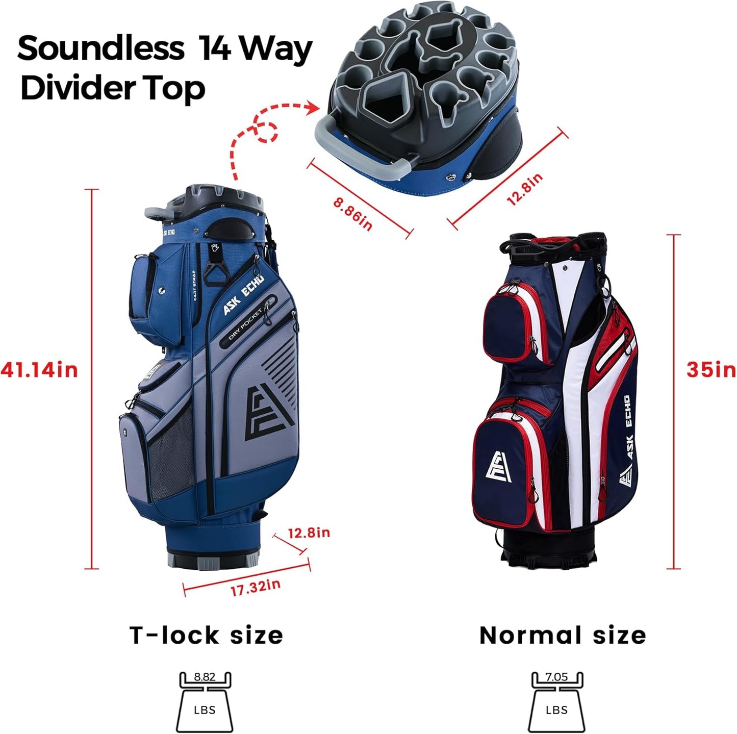 ASK ECHO 2024 T-Lock Golf Cart Bag with 14 Way Organizer Divider Top, Premium Cart Bag with Handles and Rain Cover, for Men
