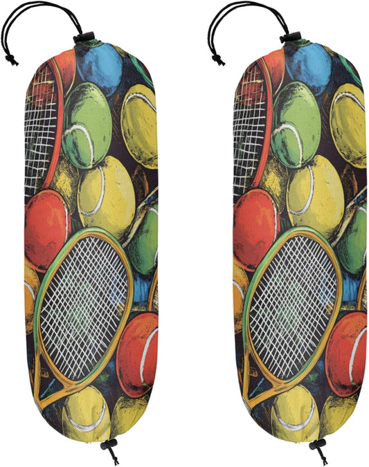 Sport Tennis Plastic Bag Holder 2 Pcs Grocery Bag Organizer Reusable Trash Bags Organizer Wall Mount Washable Kitchen Dispenser Holders with Drawstring Closure