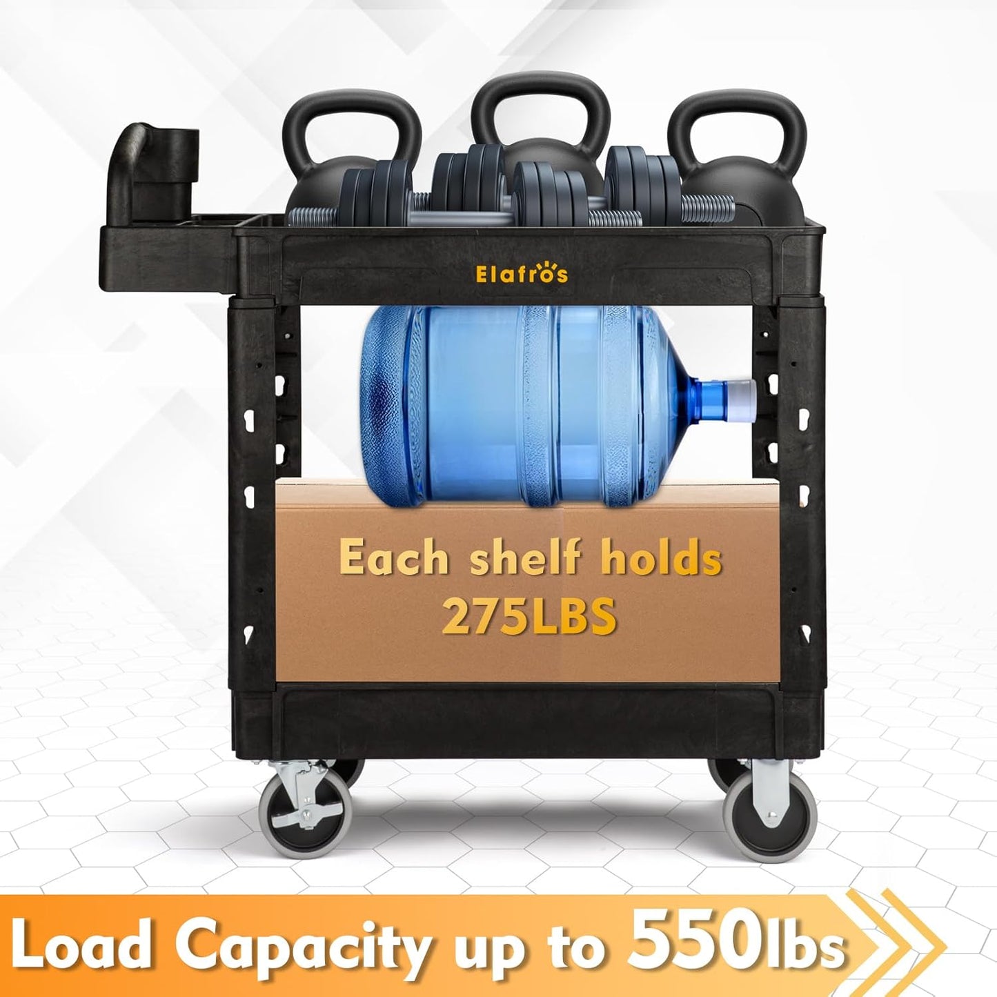 ELAFROS Utility Cart with Ergonomic Handle and Built-in Tool Compartments - 37.5" x 17" Work Cart W/Deep Shelves Safely Holds up to 550 lbs - 2 Tier Rolling Cart,Black