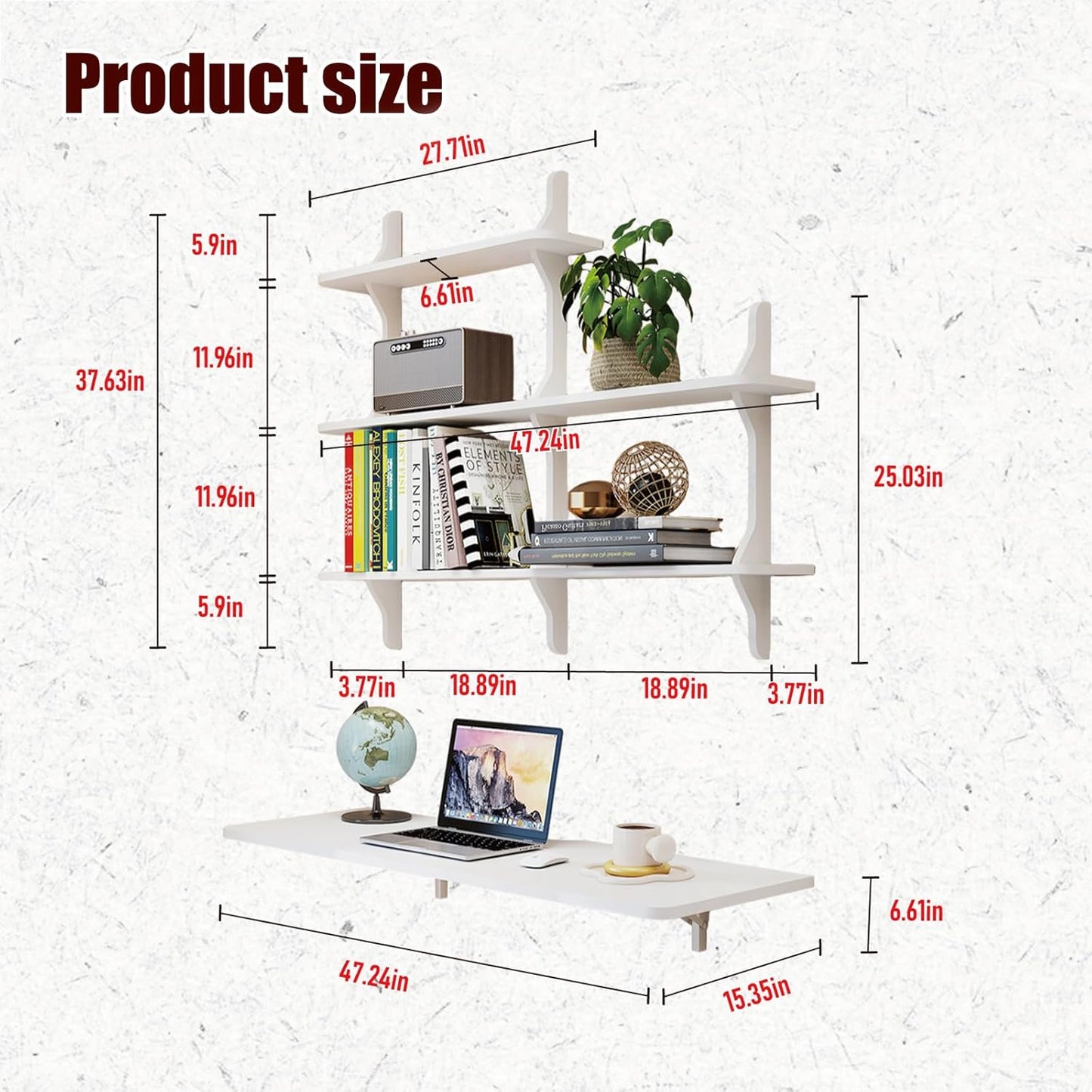 Pmnianhua Wall Mounted Folding Table, 47'' Floating Laptop Desk with Shelves, Foldable Drop Leaf Table, Wall Mount Fold Down Table for Laundry Room Kitchen Bar Home Office Small Space(White)