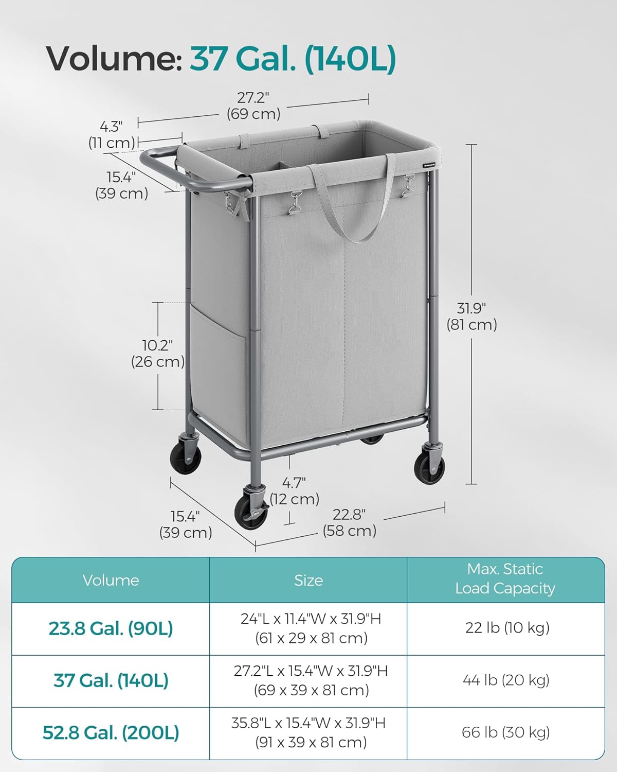 SONGMICS Laundry Basket with Wheels, Rolling Laundry Hamper, 23.8 Gallons (90 L), Removable Liner, Steel Frame with Handle, 24 x 11.4 x 31.9 Inches, Dove Gray URLS003G01