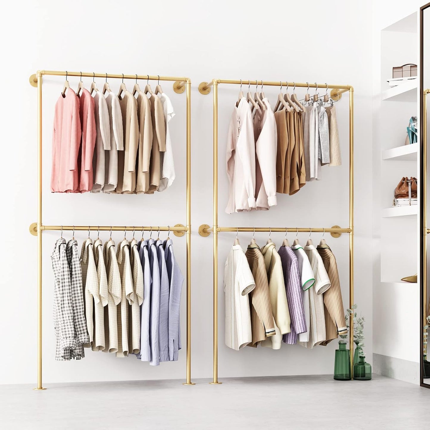 Gold Clothing Racks Wall Mount Clothes Rack, Heavy Duty Industrial Pipe Clothing Rack Retail Display Hanging Rod for Closet Storage, Laundry Room(Gold)