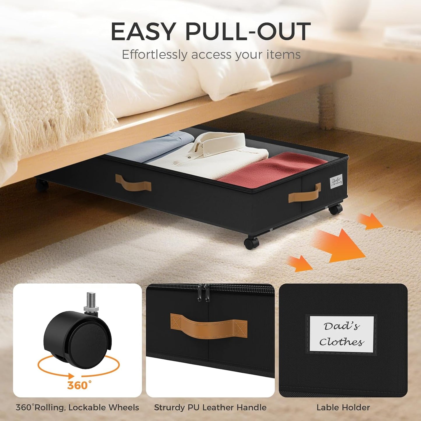 Under Bed Storage with Wheels 2-Pack, 75L XXL Under the Bed Storage Containers Large, 12" Tall Adjustable Storage for Underbed with Lids, Rolling for Shoes, Clothes, Blankets (Black)