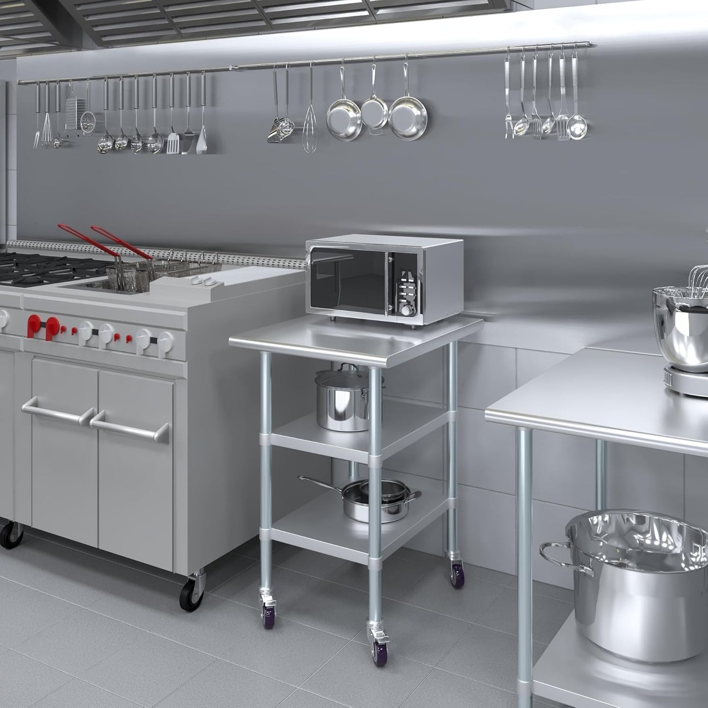 AmGood Stainless Steel Work Table with 2 Shelves and Casters (Stainless Steel Work Table with 2 Shelves + Casters, 24" Long x 30" Deep)