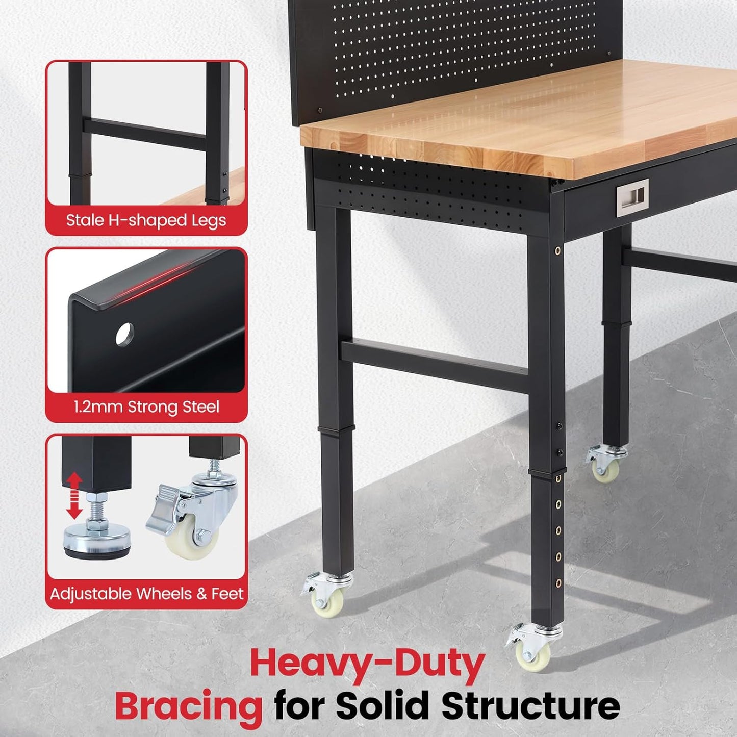 Work Bench for Garage 48 Inch Heavy Duty Rubberwood Tabletop Workbench with Wheels, Pegboard, Drawers, Power Outlets Adjustable Height Work Table for Home, Office, Workshop