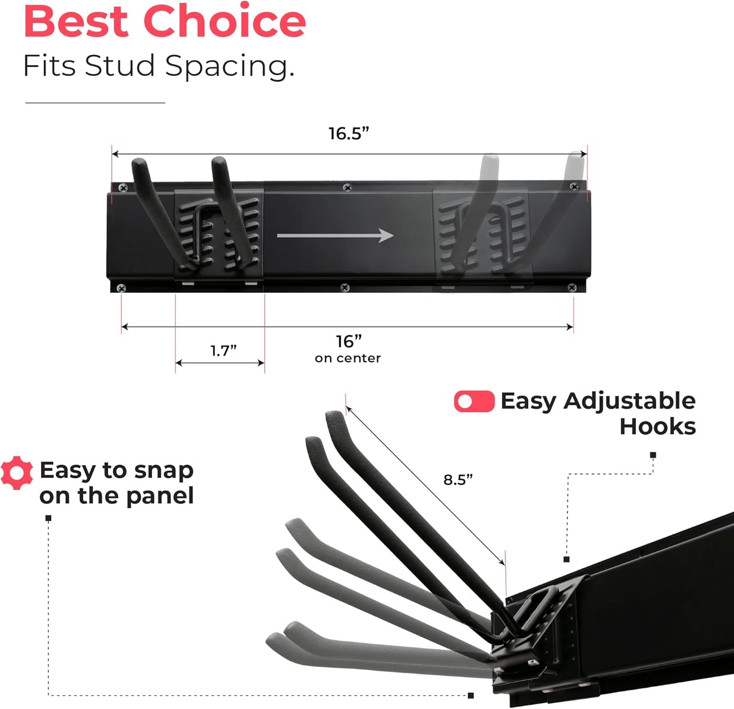 TIDYME Garage Tool Organizer Wall Mount - 32 inches - Sturdy Storage Rack with Adjustable Hooks, Anti-Rust - Easy Installation, 200lbs Capacity - Garden Tool Organizer (02 Racks & 04 Hooks)